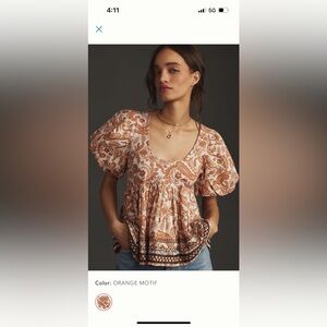 By Anthropologie Puff-Sleeve Babydoll Blouse in size XL